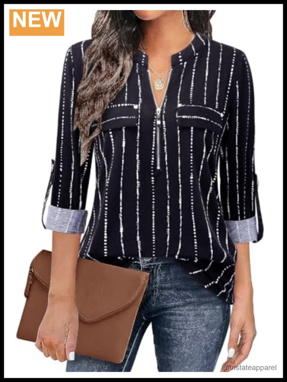 Striped 3/4 Sleeve V-Neck Zip Blouse with Pockets - Cotton Blend Tunic